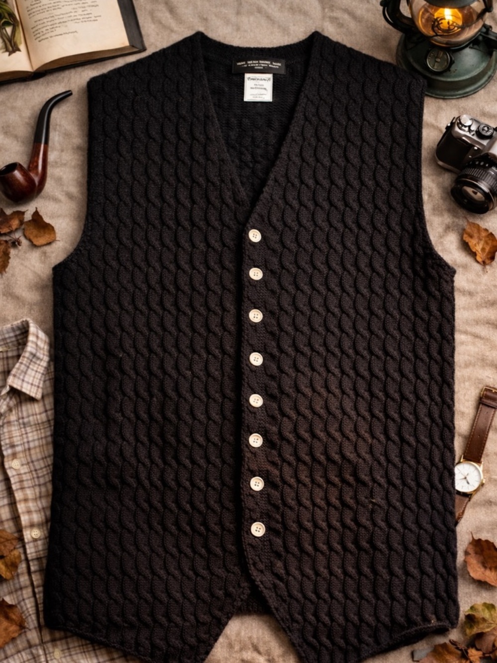 Vintage J Peterman Wool Vest Cable Knit Black Italy Preppy Academia L - Picture 2 of 8